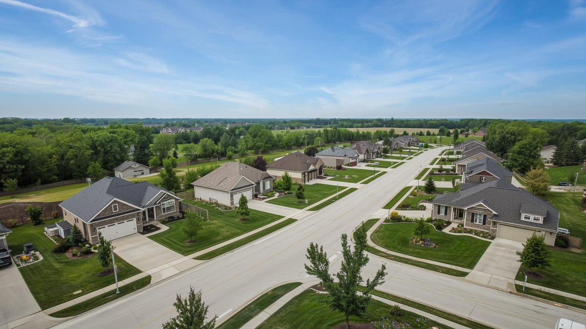 Aerial view of beautiful Grimes Iowa neighborhood with family homes and manicured lawns